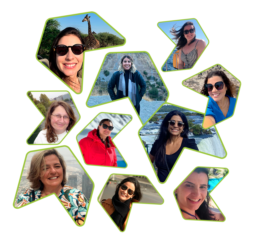Mosaico de fotos de diversas consultoras em diferentes locais e paisagens.
